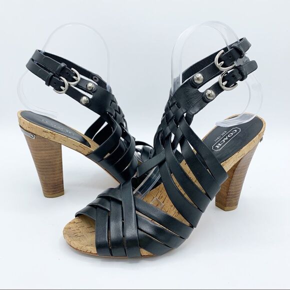 Coach · Black Leather Strappy Adrienne Block Heels · Sz 8.5‎ - Picture 1 of 13